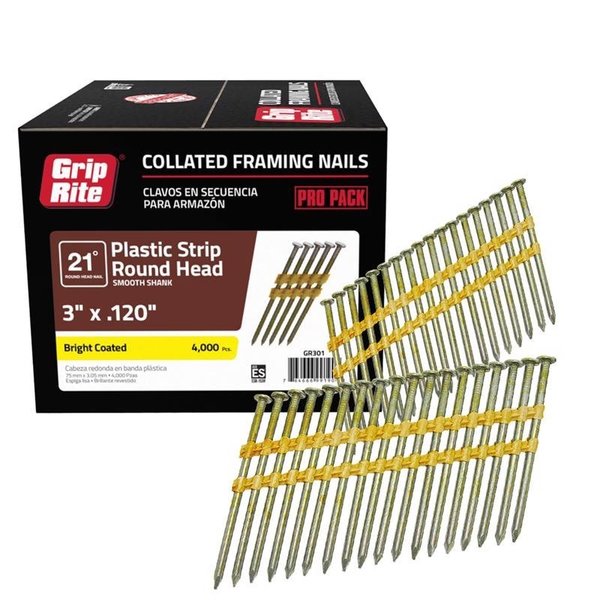 Grip-Rite Collated Framing Nail, 3 in L, 11 ga, Bright, Round Head, 21 Degrees, 4000 PK GR301